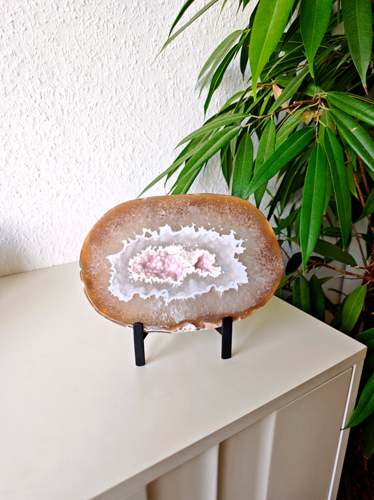 Achat Scheibe mit soft Pink Sugar Druse