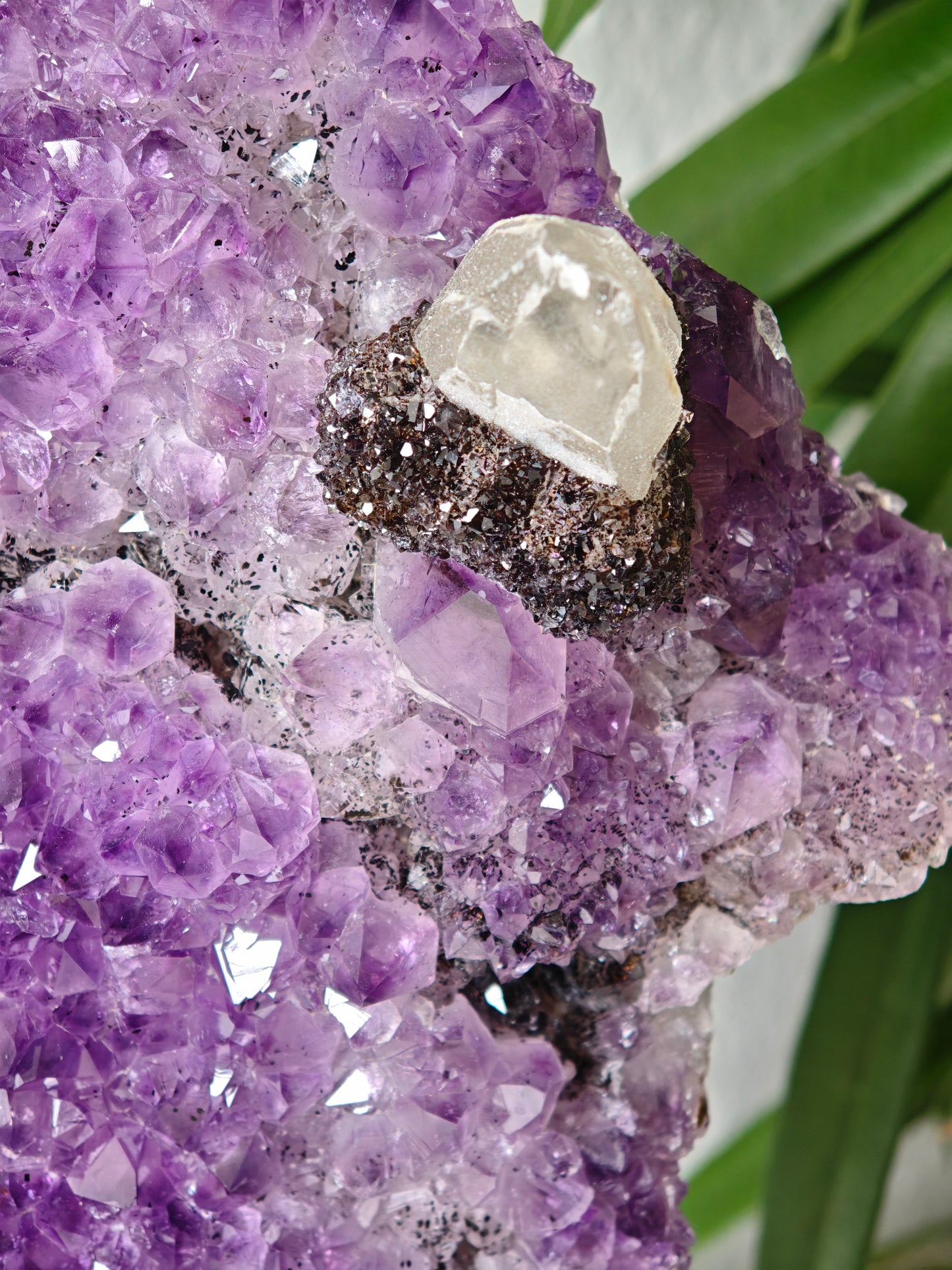 Amethyst mit Hämatit und Sugar Calcit auf Ständer