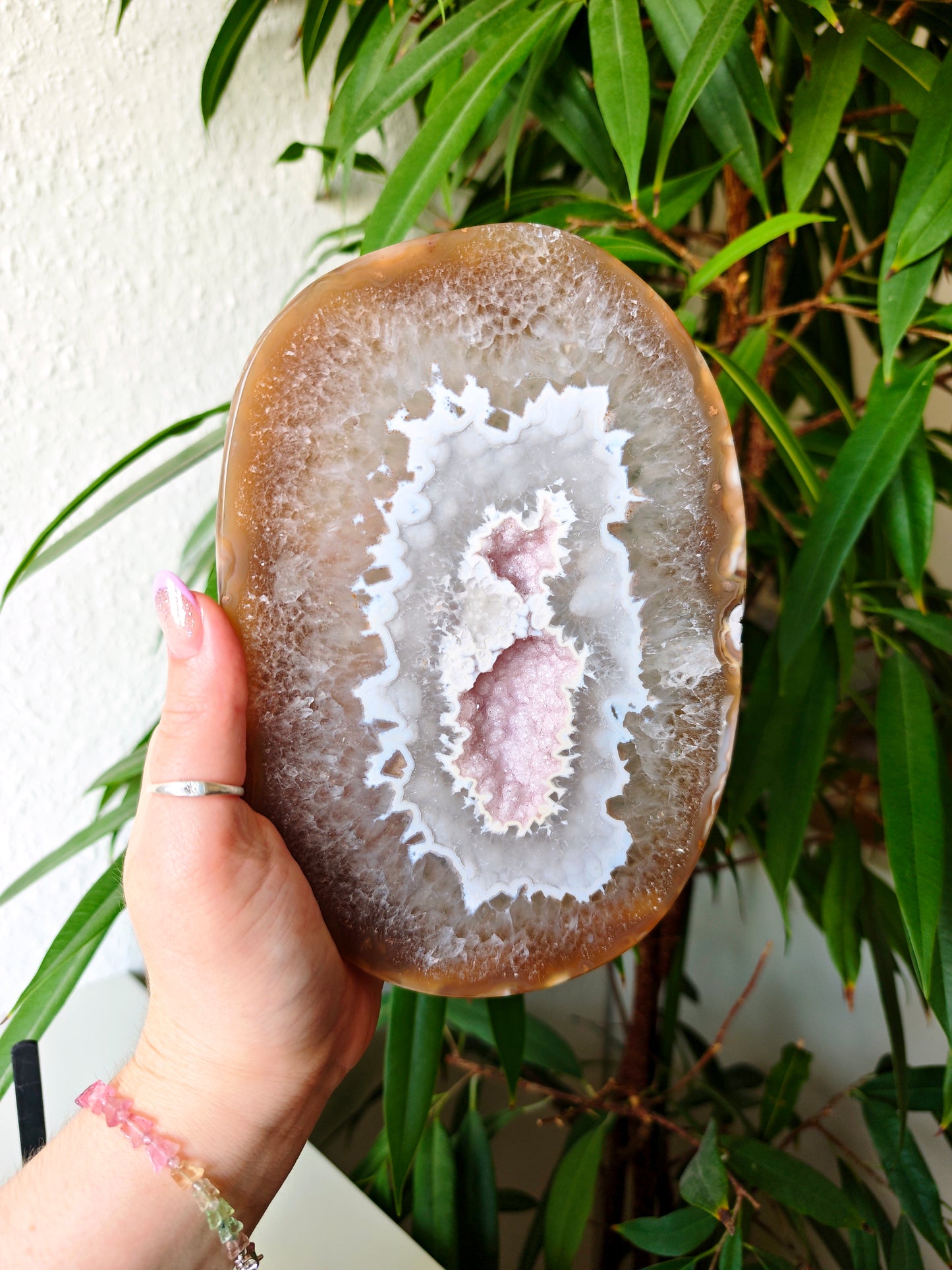 Achat Scheibe mit soft Pink Sugar Druse